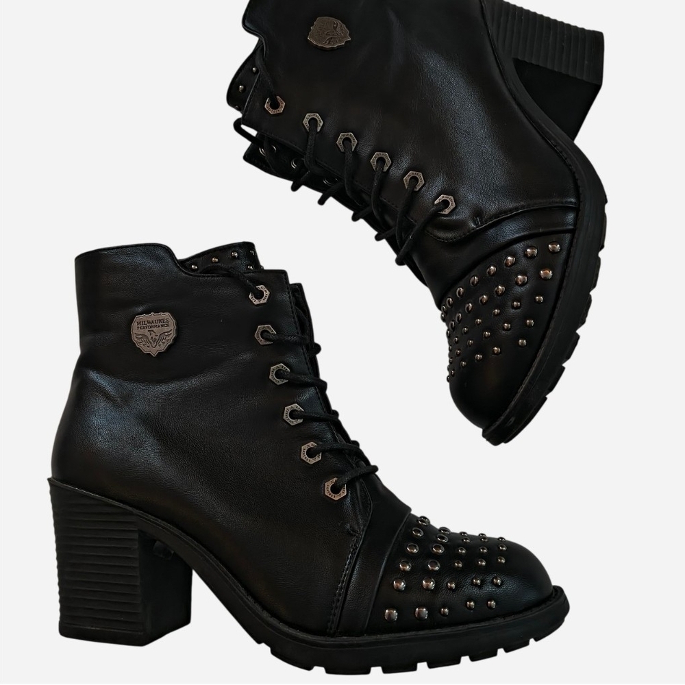 Milwakee Performance Womens Black Studded Moto Riding Boots Lace up Size 10